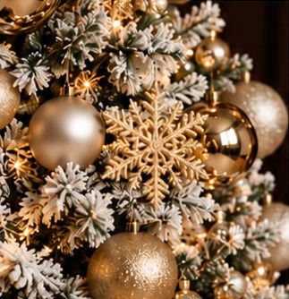 Frosted Christmas tree with gold ornaments