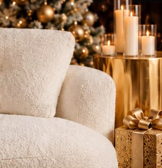 Ivory sofa with candles and gold gifts